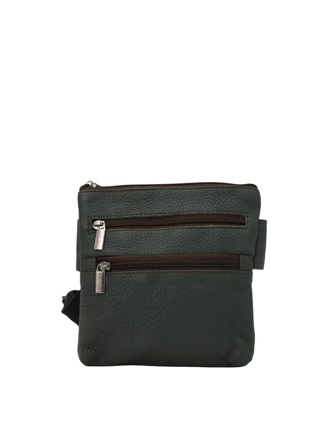 Handmade recycled leather belt bag in Green tones with four zip compartments and adjustable strap