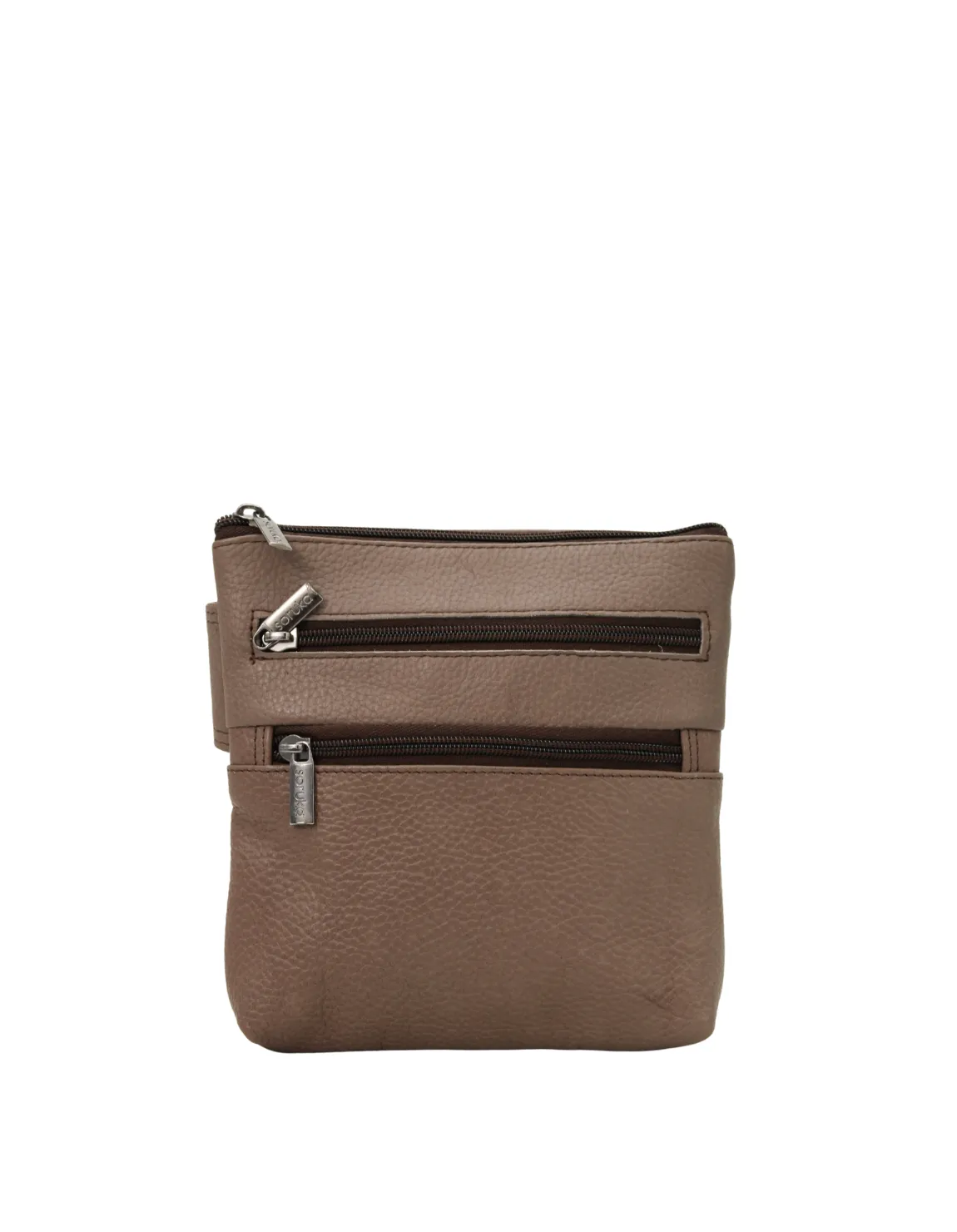Handmade recycled leather belt bag in Brown tones with four zip compartments and adjustable strap
