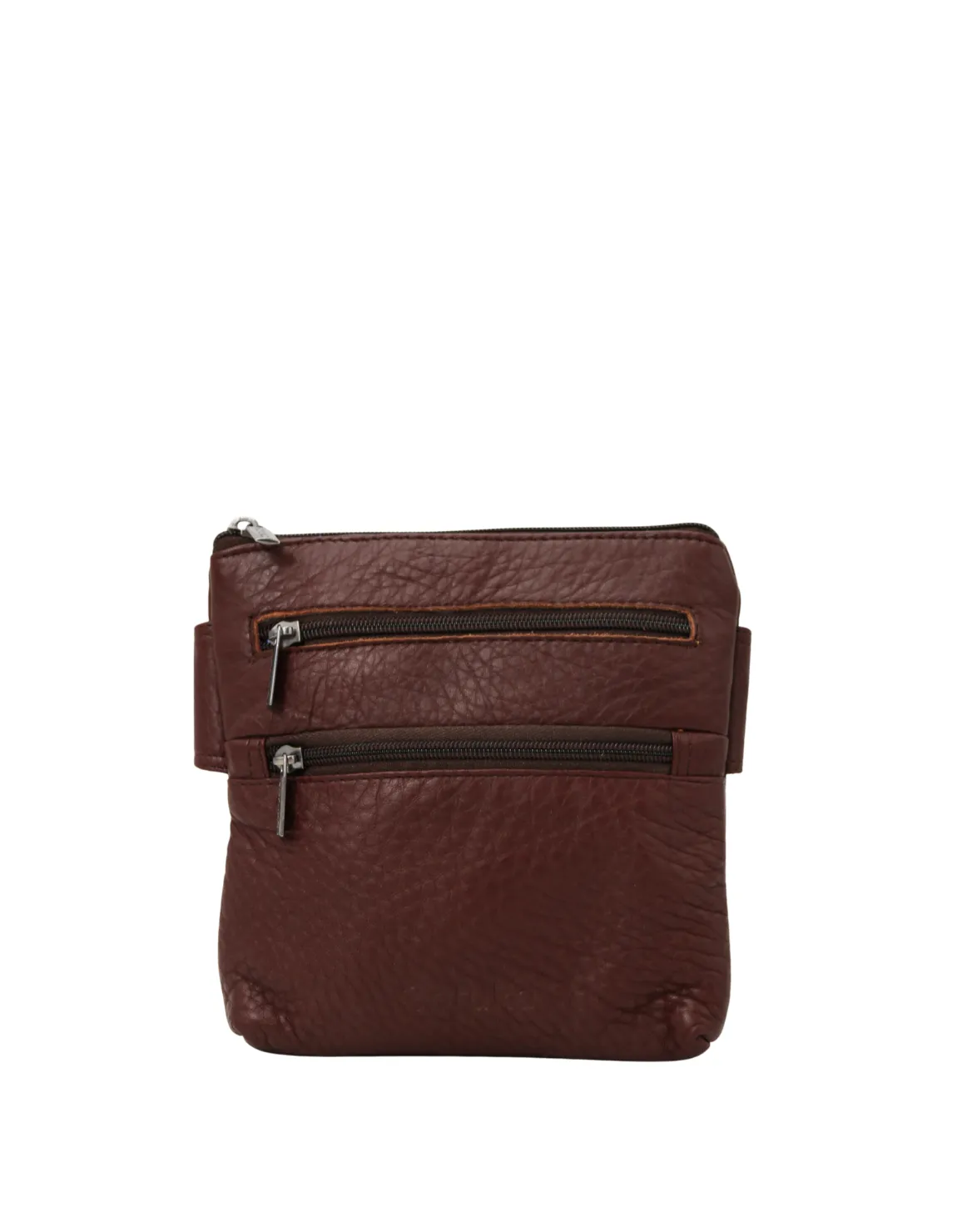 Handmade recycled leather belt bag in Brown tones with four zip compartments and adjustable strap