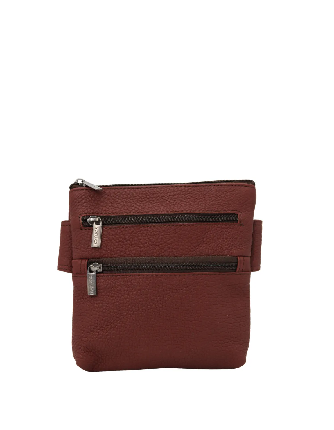 Handmade recycled leather belt bag in Red tones with four zip compartments and adjustable strap