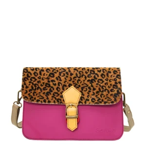 Handmade recycled leather saddle bag in Pink and Yellow tones with three compartments and adjustable shoulder strap