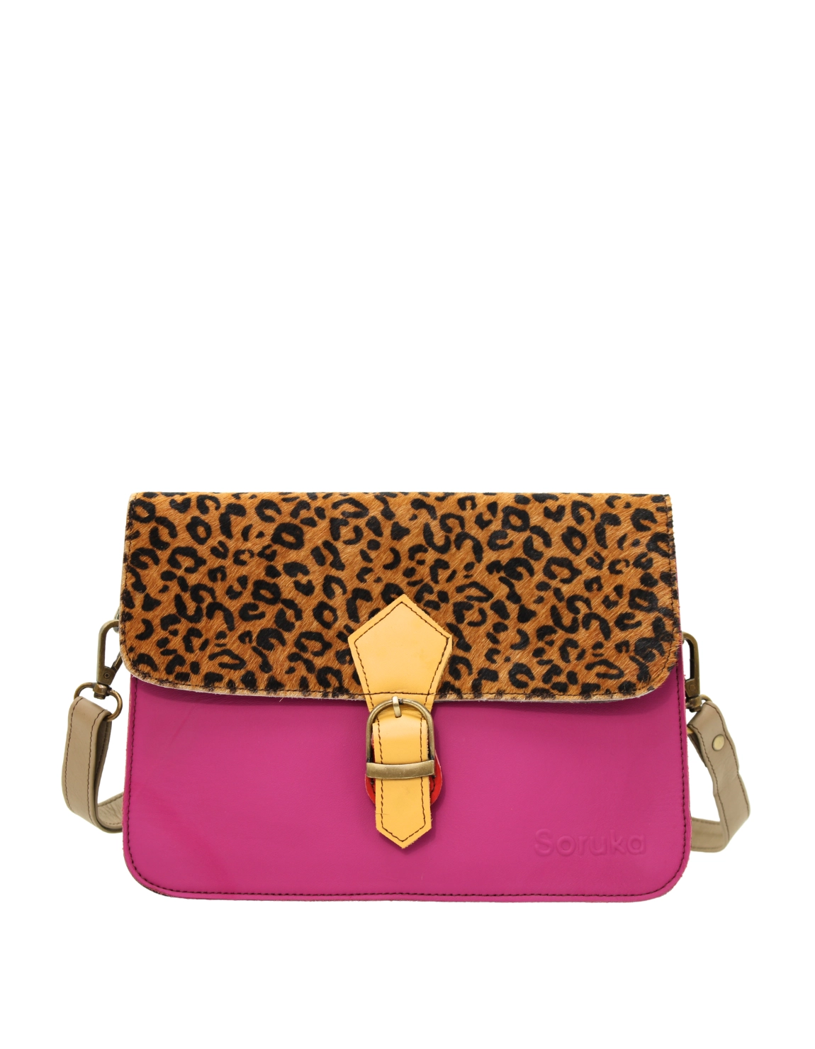 Handmade recycled leather saddle bag in Pink and Yellow tones with three compartments and adjustable shoulder strap