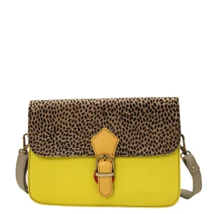 Handmade recycled leather saddle bag in Yellow tones with three compartments and adjustable shoulder strap