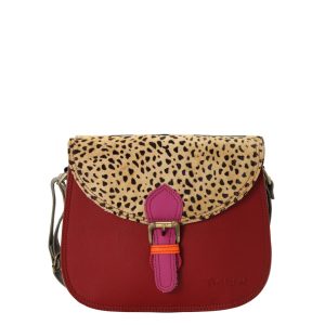 Women’s recycled leather crossbody bag in Red tones with three compartments and adjustable shoulder strap