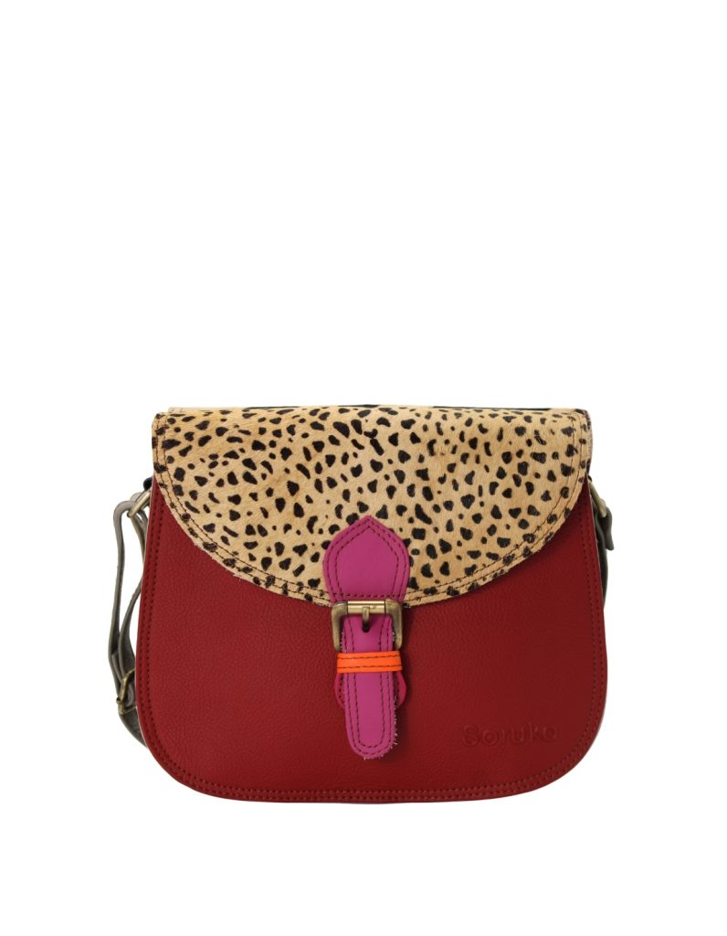 Women’s recycled leather crossbody bag in Red tones with three compartments and adjustable shoulder strap