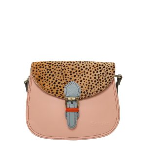 Women’s recycled leather crossbody bag in Pink and Blue tones with three compartments and adjustable shoulder strap