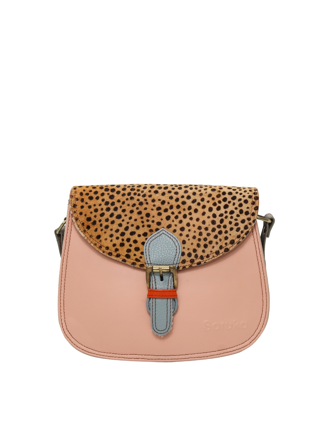 Women’s recycled leather crossbody bag in Pink and Blue tones with three compartments and adjustable shoulder strap