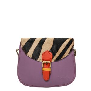Women’s recycled leather crossbody bag in Purple and Orange tones with three compartments and adjustable shoulder strap
