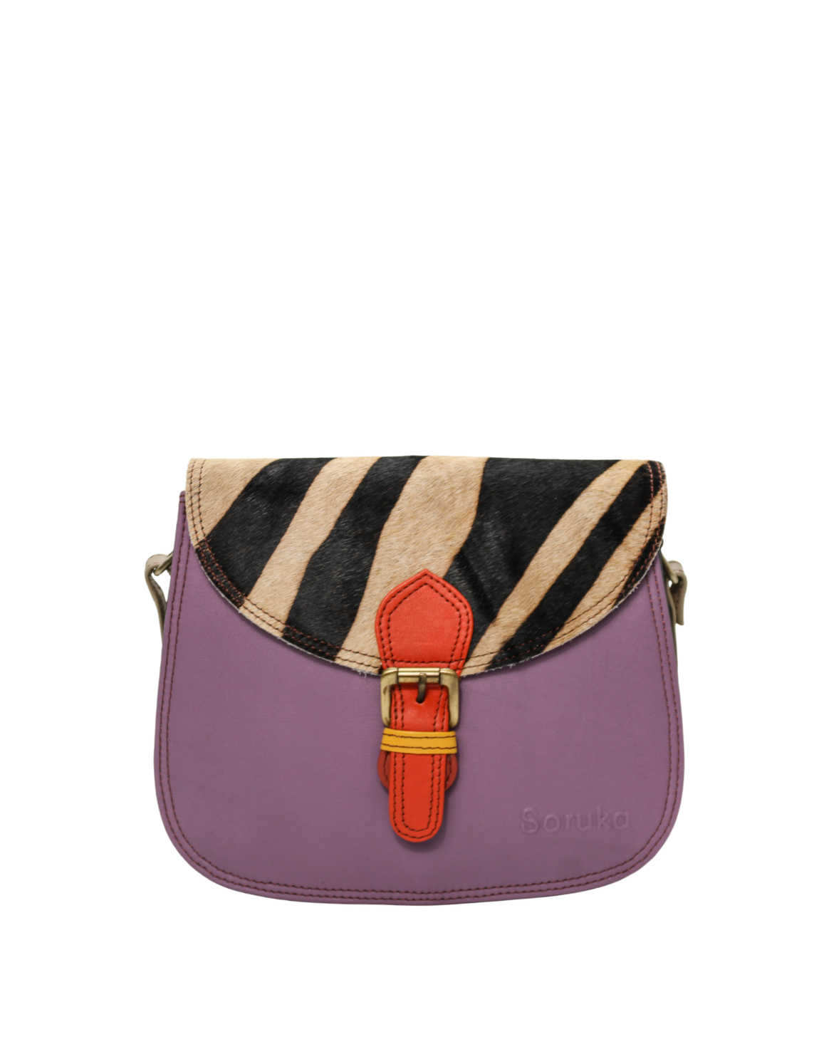 Women’s recycled leather crossbody bag in Purple and Orange tones with three compartments and adjustable shoulder strap