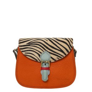 Women’s recycled leather crossbody bag in Orange and Blue tones with three compartments and adjustable shoulder strap