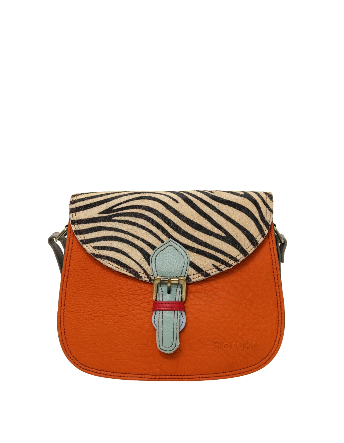 Women’s recycled leather crossbody bag in Orange and Blue tones with three compartments and adjustable shoulder strap