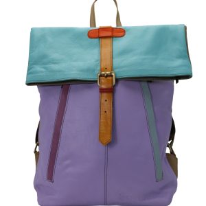 Handmade recycled leather backpack in Blue and Purple tones with multiple zip pockets