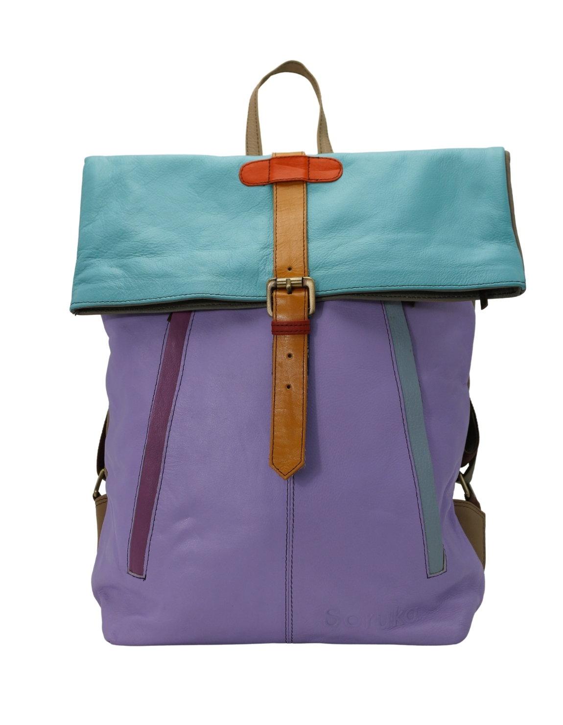 Handmade recycled leather backpack in Blue and Purple tones with multiple zip pockets
