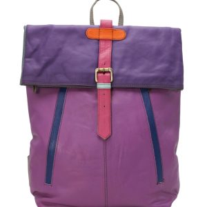 Handmade recycled leather backpack in purple tones with multiple zip pockets