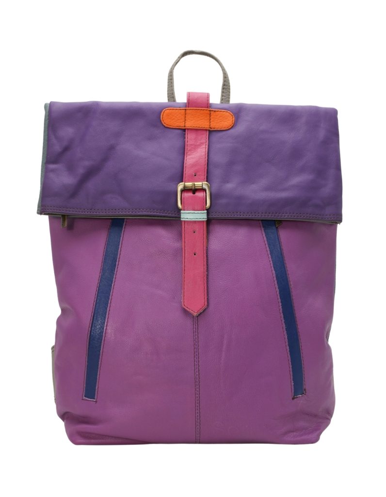 Handmade recycled leather backpack in purple tones with multiple zip pockets
