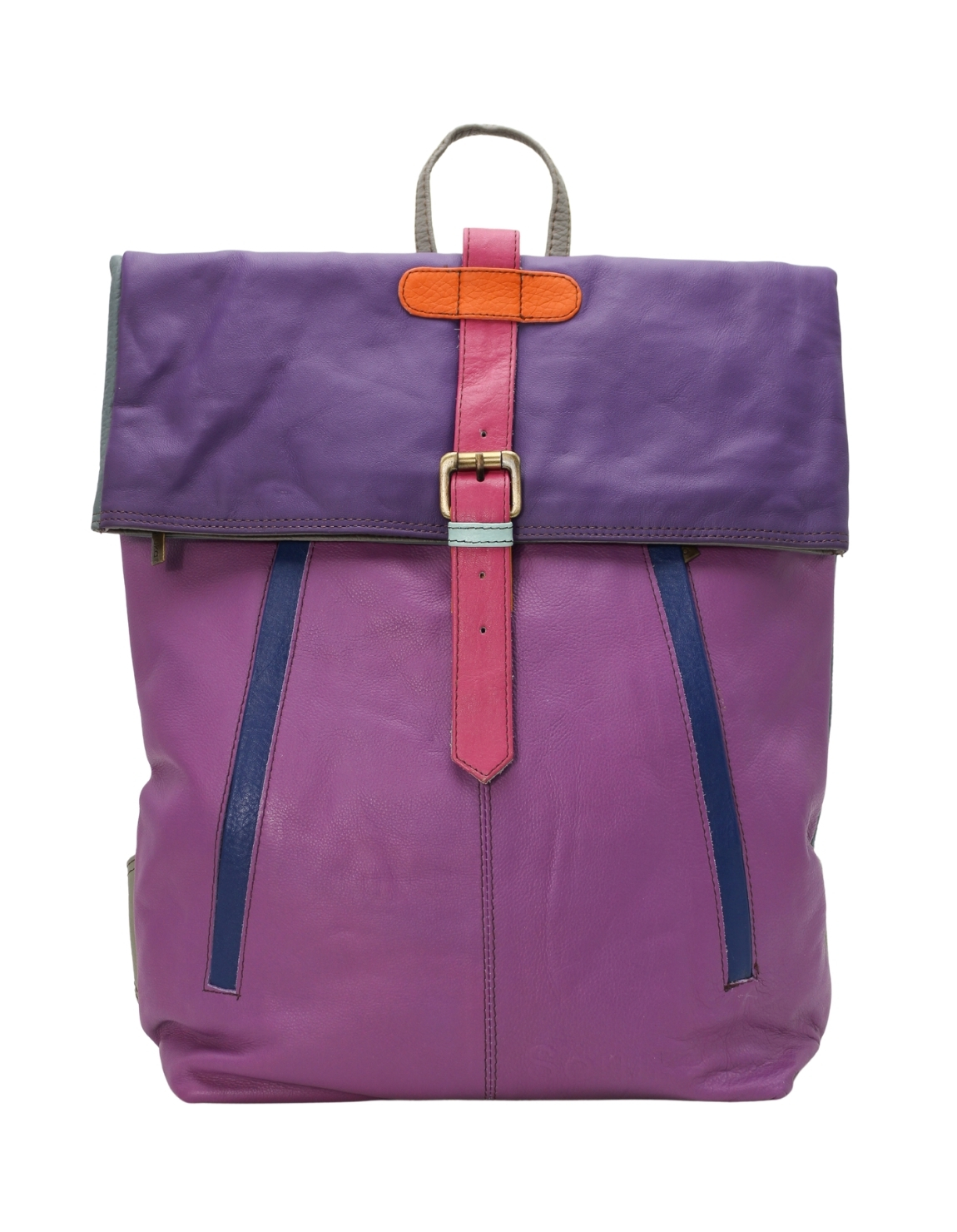Handmade recycled leather backpack in purple tones with multiple zip pockets