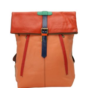 Handmade recycled leather backpack in Red and Orange tones with multiple zip pockets