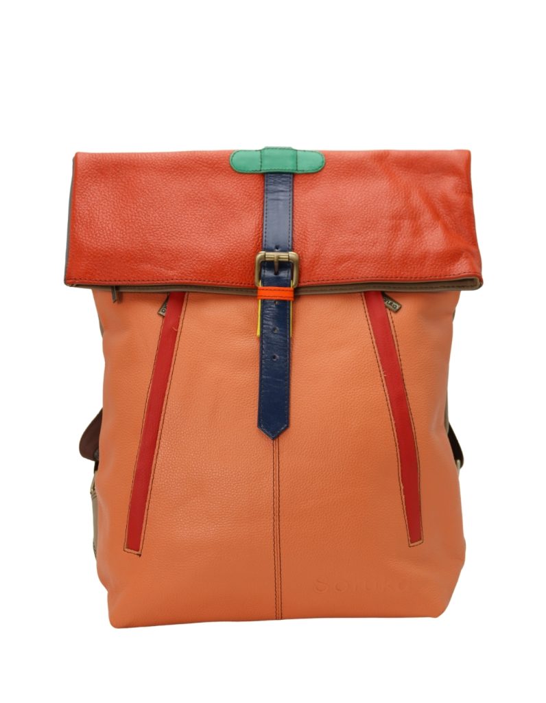 Handmade recycled leather backpack in Red and Orange tones with multiple zip pockets