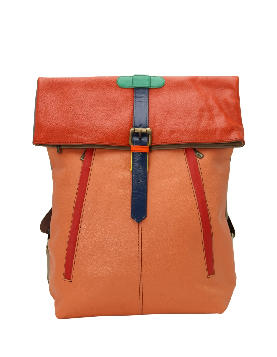 Handmade recycled leather backpack in Red and Orange tones with multiple zip pockets