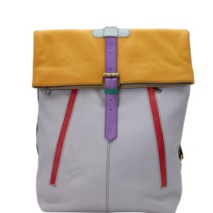 Handmade recycled leather backpack in Yellow and Purple tones with multiple zip pockets