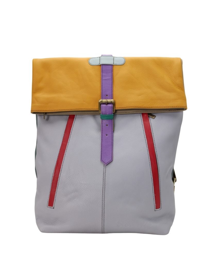 Handmade recycled leather backpack in Yellow and Purple tones with multiple zip pockets
