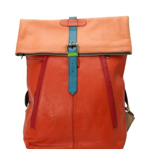 Handmade recycled leather backpack in Red and Orange tones with multiple zip pockets