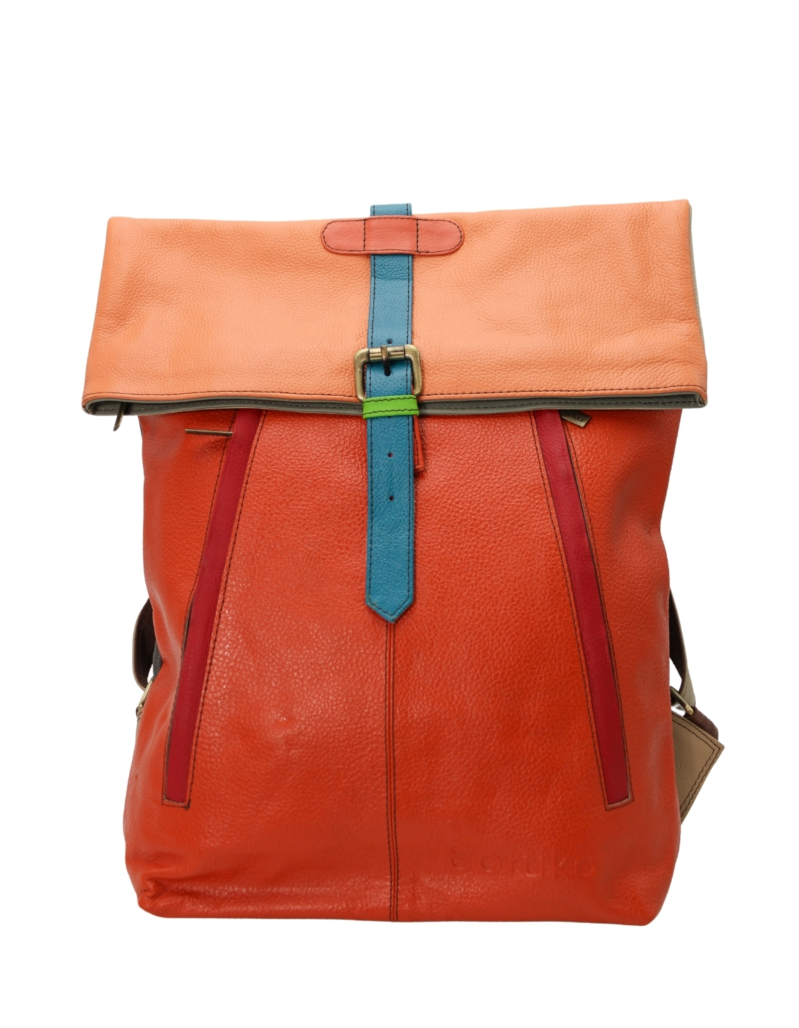 Handmade recycled leather backpack in Red and Orange tones with multiple zip pockets