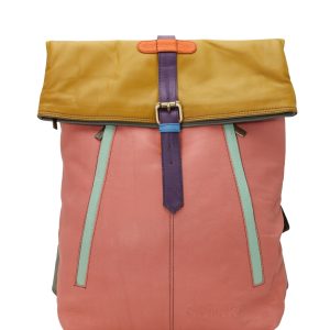 Handmade recycled leather backpack in Yellow and pink tones with multiple zip pockets