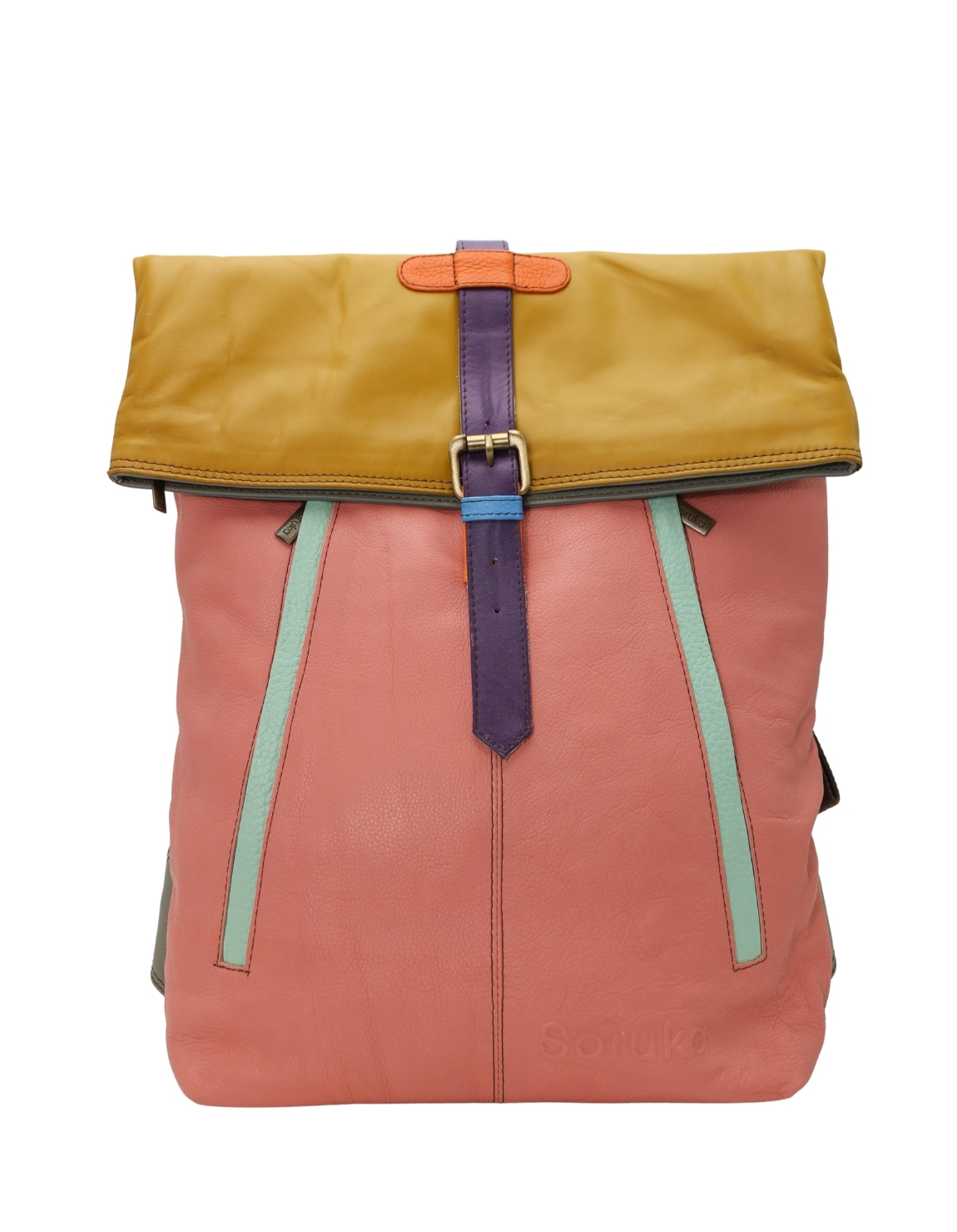 Handmade recycled leather backpack in Yellow and pink tones with multiple zip pockets
