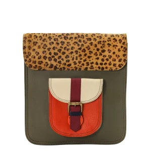 Women’s recycled leather backpack in Red and Orange tones with animal print flap and convertible crossbody strap