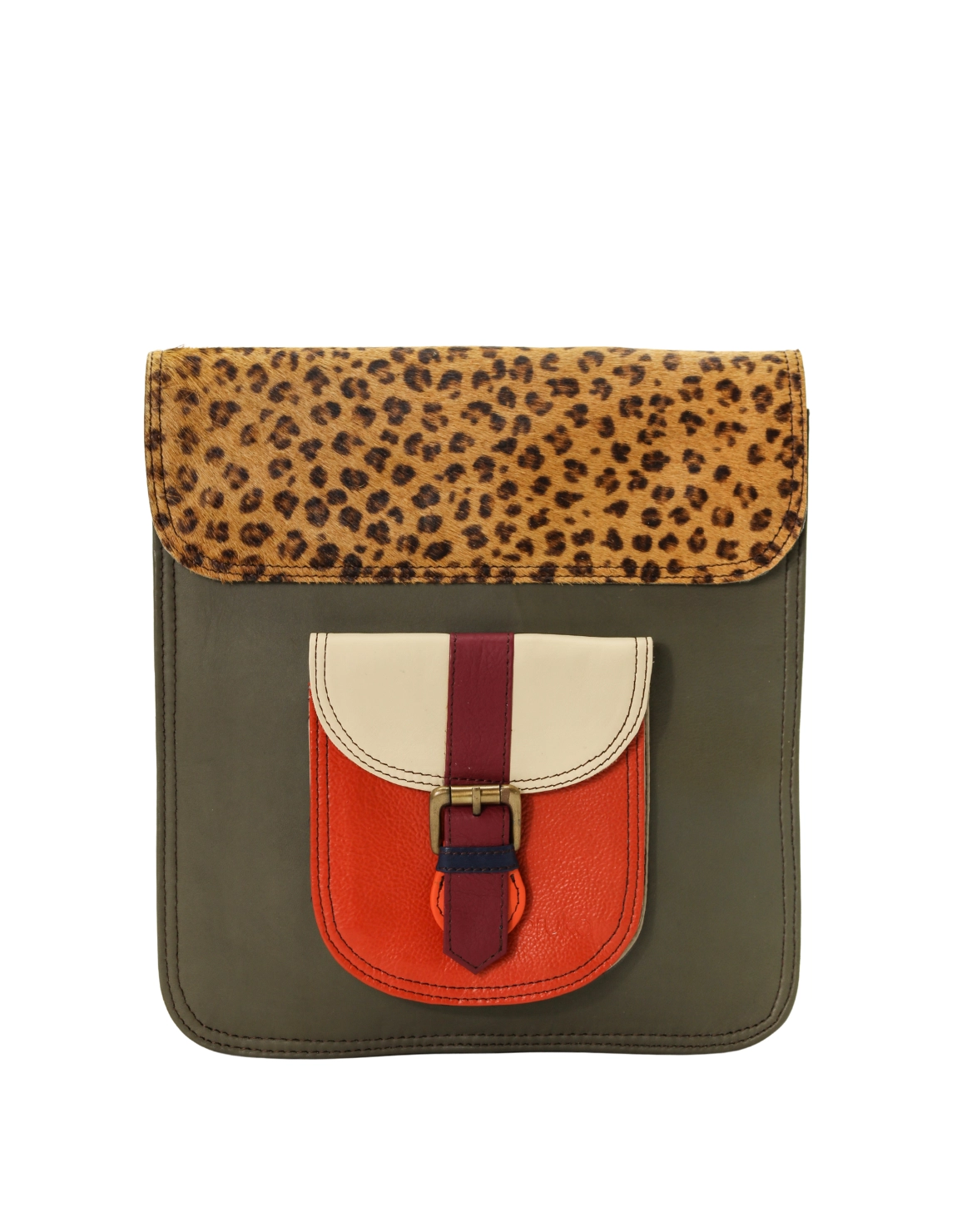 Women’s recycled leather backpack in Red and Orange tones with animal print flap and convertible crossbody strap
