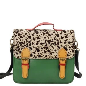 Women’s recycled leather briefcase in Green with animal print flap, top handle and adjustable strap