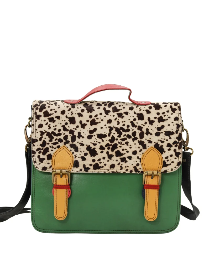 Women’s recycled leather briefcase in Green with animal print flap, top handle and adjustable strap