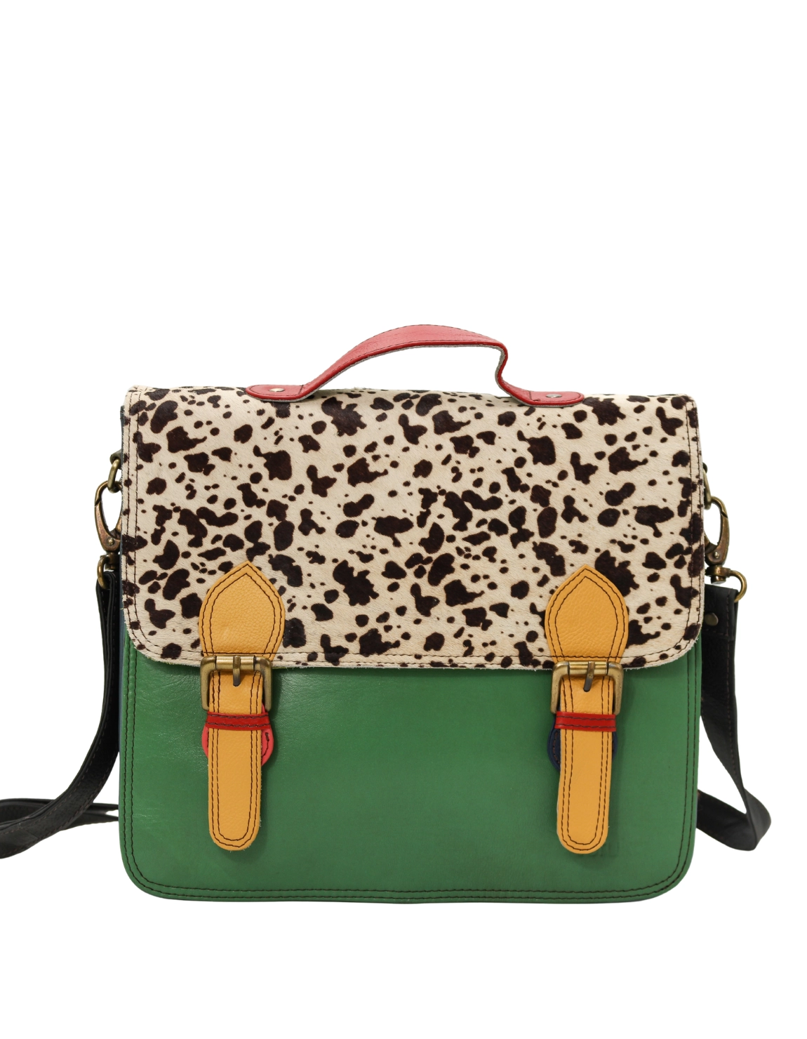 Women’s recycled leather briefcase in Green with animal print flap, top handle and adjustable strap
