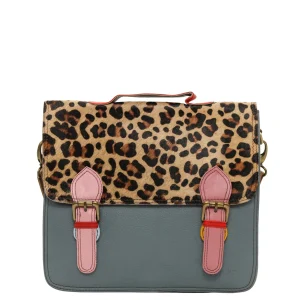 Women’s recycled leather briefcase in Gray with animal print flap