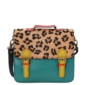 Women’s recycled leather briefcase in Blue with animal print flap