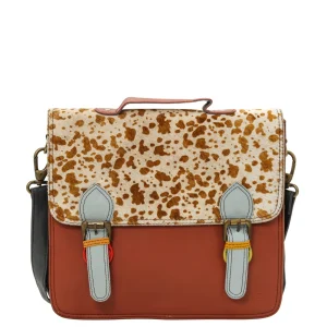 Women’s recycled leather briefcase in Brown with animal print flap