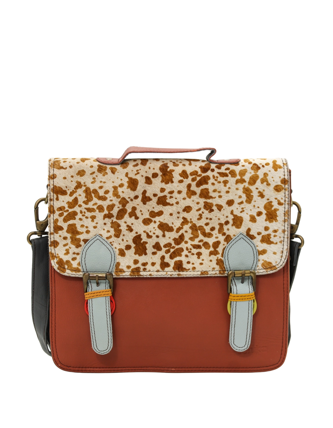 Women’s recycled leather briefcase in Brown with animal print flap