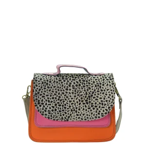 Handmade recycled leather saddle bag in Pink and Orange tones with animal print flap