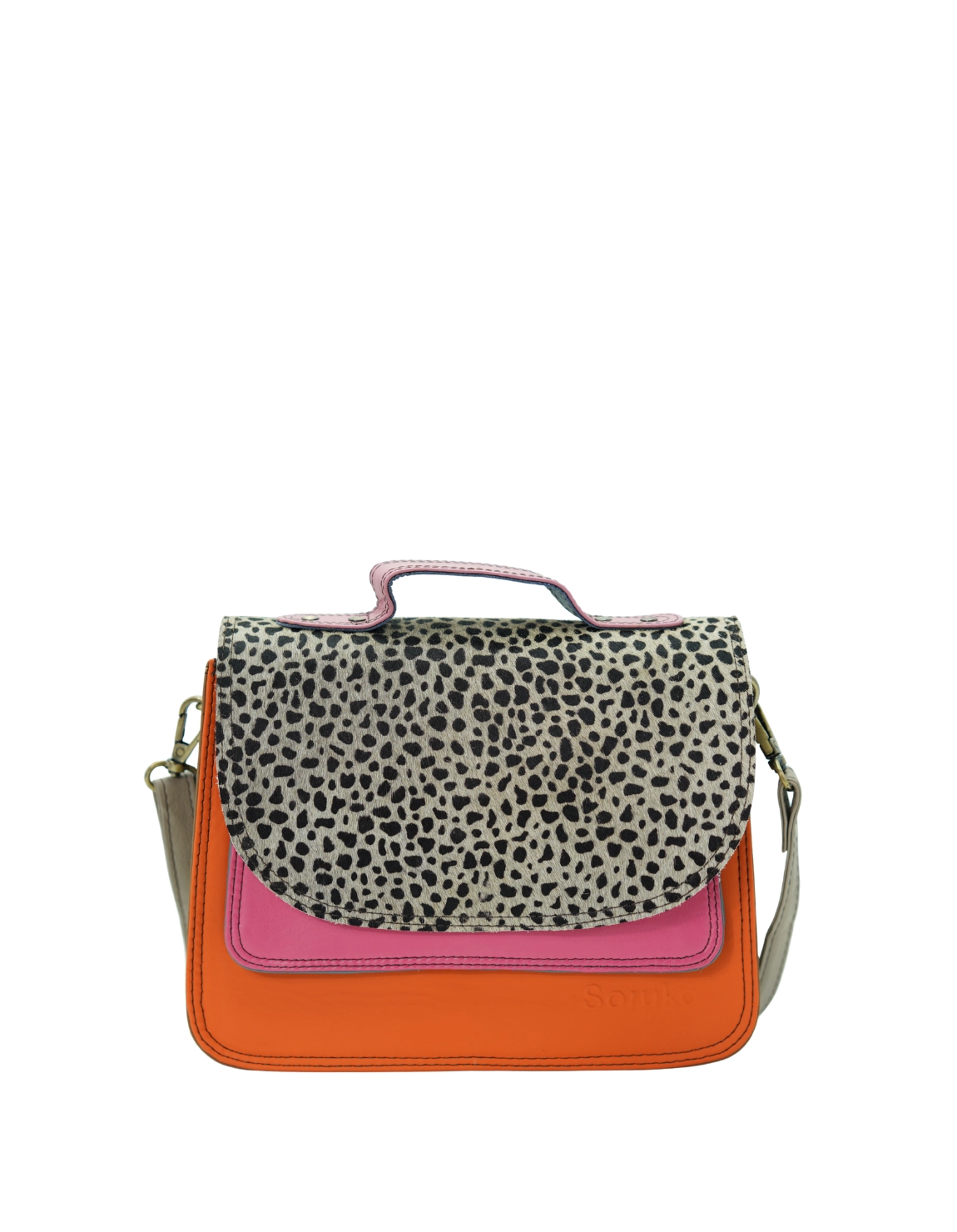 Handmade recycled leather saddle bag in Pink and Orange tones with animal print flap