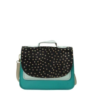 Handmade recycled leather saddle bag in Green tones with animal print flap, top handle and adjustable shoulder strap