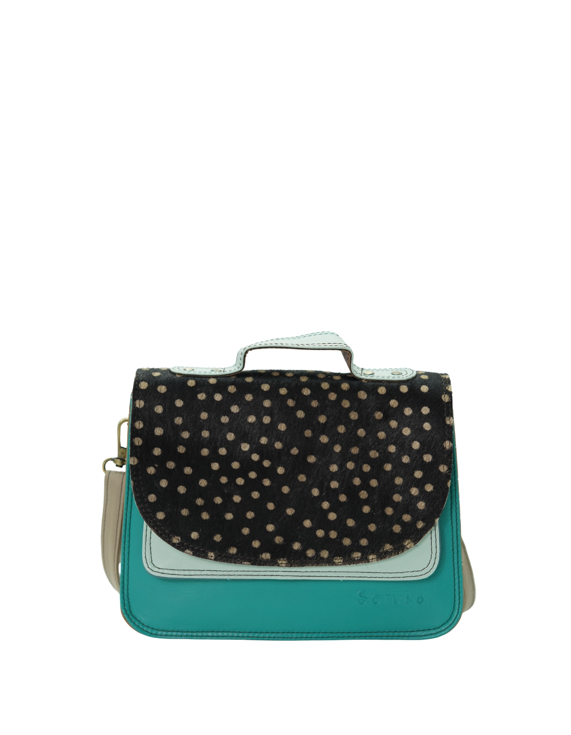 Handmade recycled leather saddle bag in Green tones with animal print flap, top handle and adjustable shoulder strap