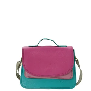 Handmade recycled leather saddle bag in Blue and Pink tones with animal print flap