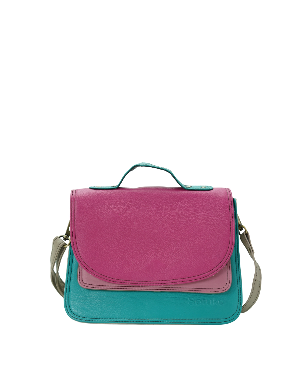 Handmade recycled leather saddle bag in Blue and Pink tones with animal print flap