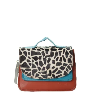 Handmade recycled leather saddle bag in Brown tones with animal print flap