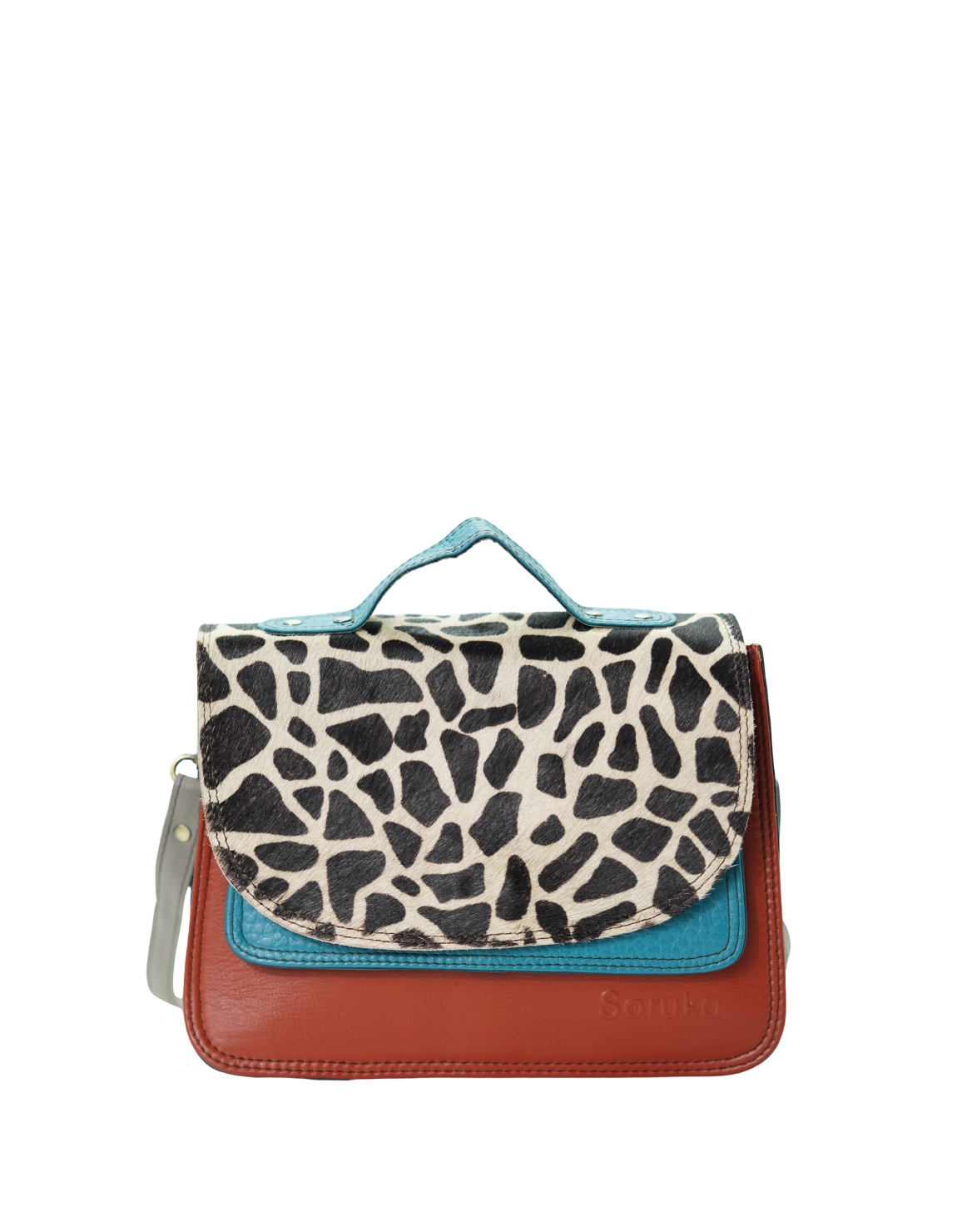Handmade recycled leather saddle bag in Brown tones with animal print flap