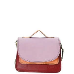Handmade recycled leather saddle bag in Red and Pink tones with animal print flap