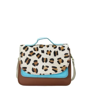 Handmade recycled leather saddle bag in Blue and Brown tones with animal print flap