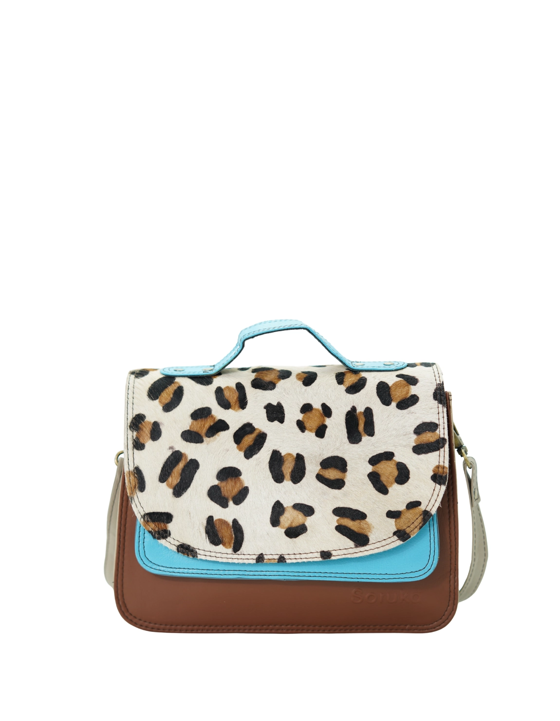 Handmade recycled leather saddle bag in Blue and Brown tones with animal print flap
