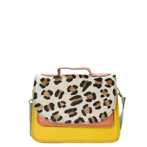 Handmade recycled leather saddle bag in Yellow tones with animal print flap, top handle and adjustable shoulder strap